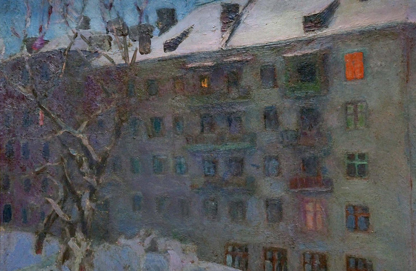 Oil painting by Filatova Tanya: snow-dusted gray apartment with colorful windows