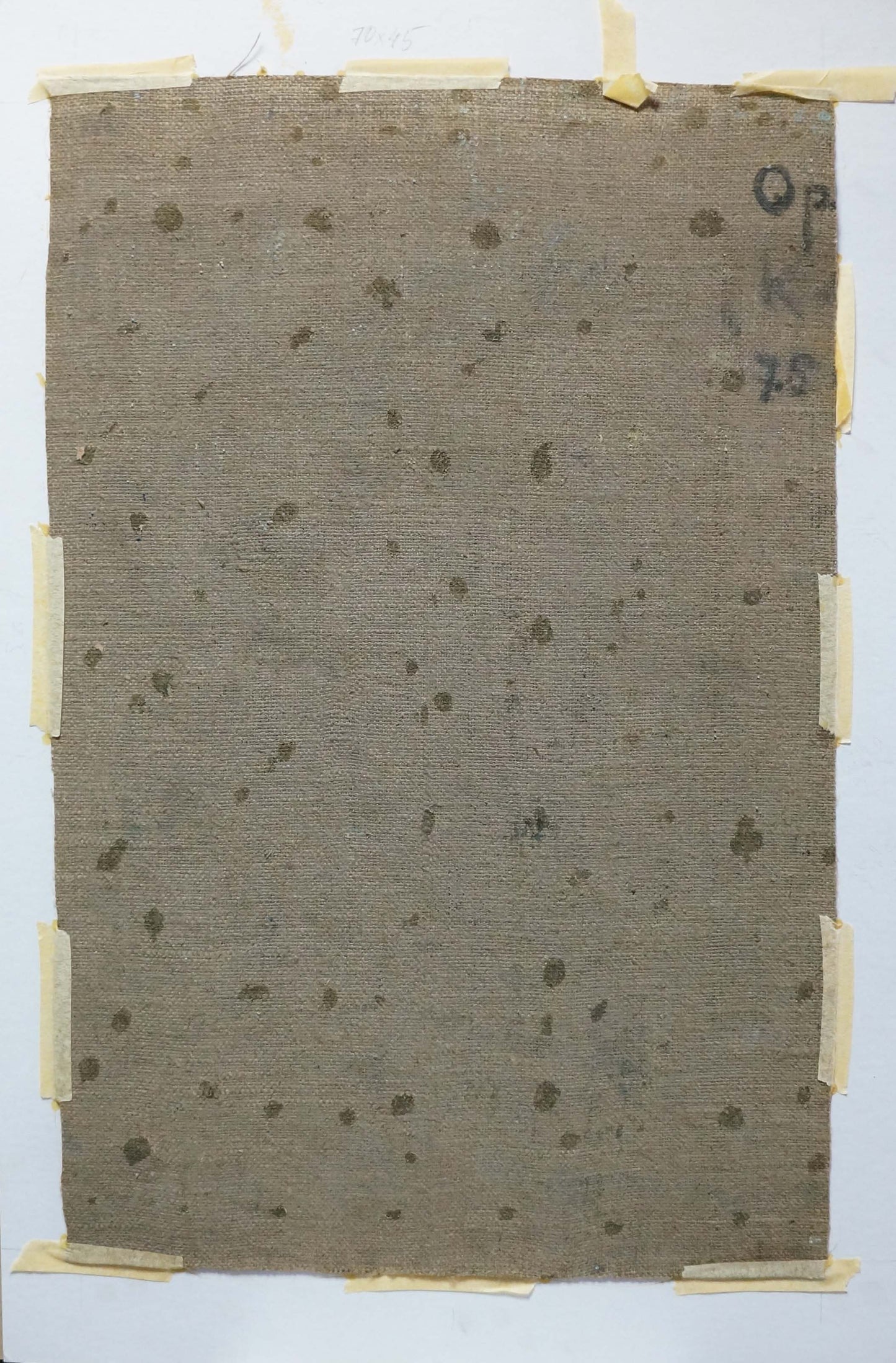 Textured muted brown fabric sample with dark speckles for Plamenitsky oil painting