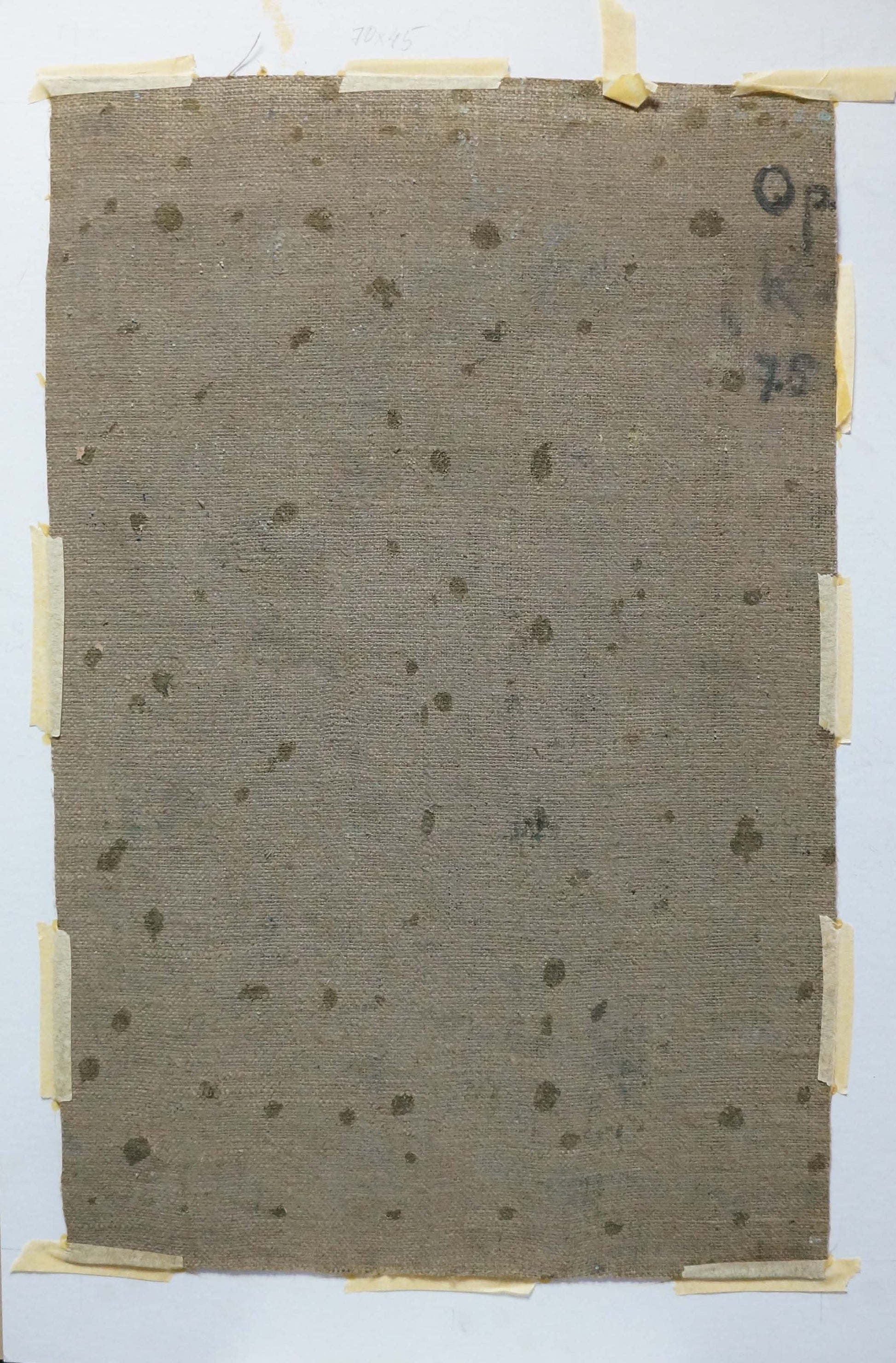 Textured muted brown fabric sample with dark speckles for Plamenitsky oil painting