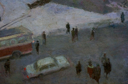 Impressionistic snowy city street oil painting by Filatova Tanya