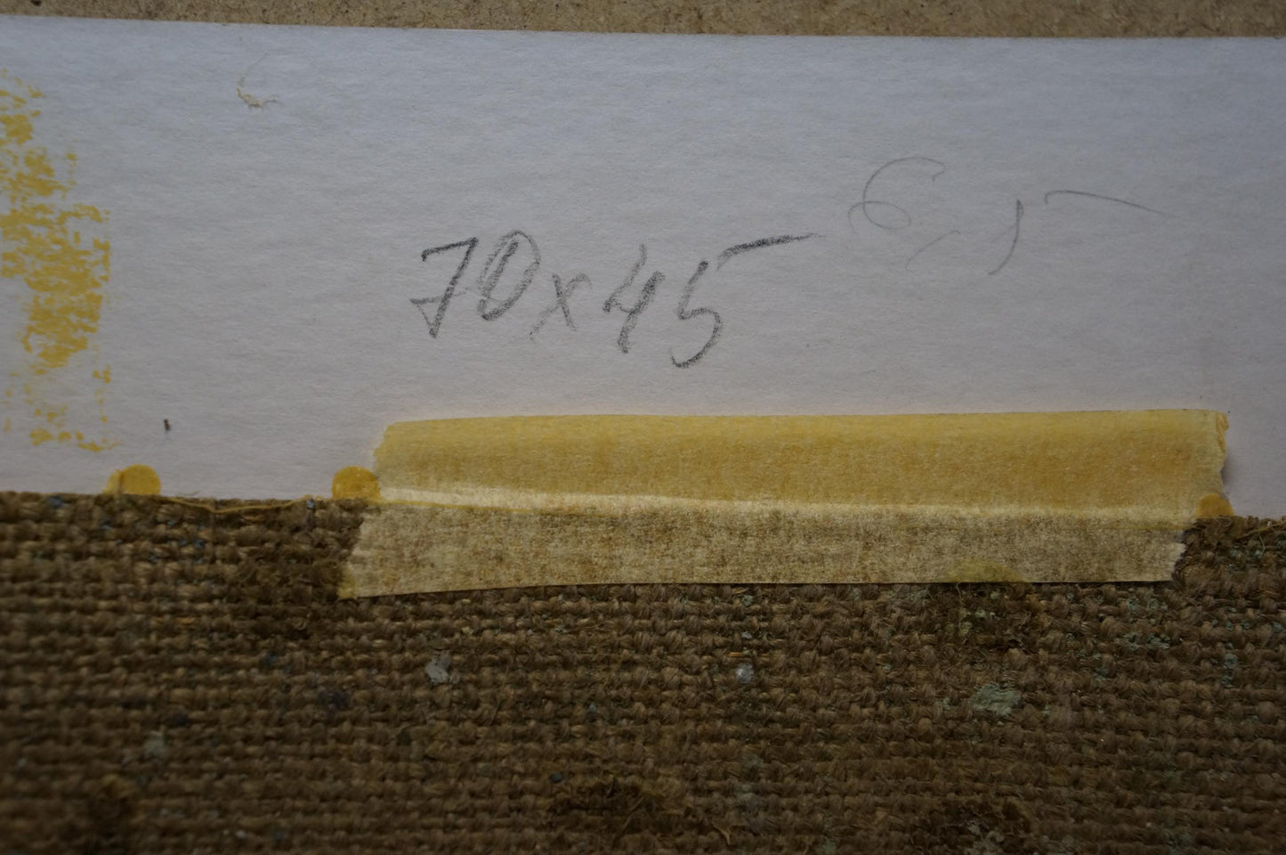 Yellow adhesive strip with handwritten measurements on back of Plamenitsky oil painting