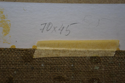 Yellow adhesive strip with handwritten measurements on back of Plamenitsky oil painting