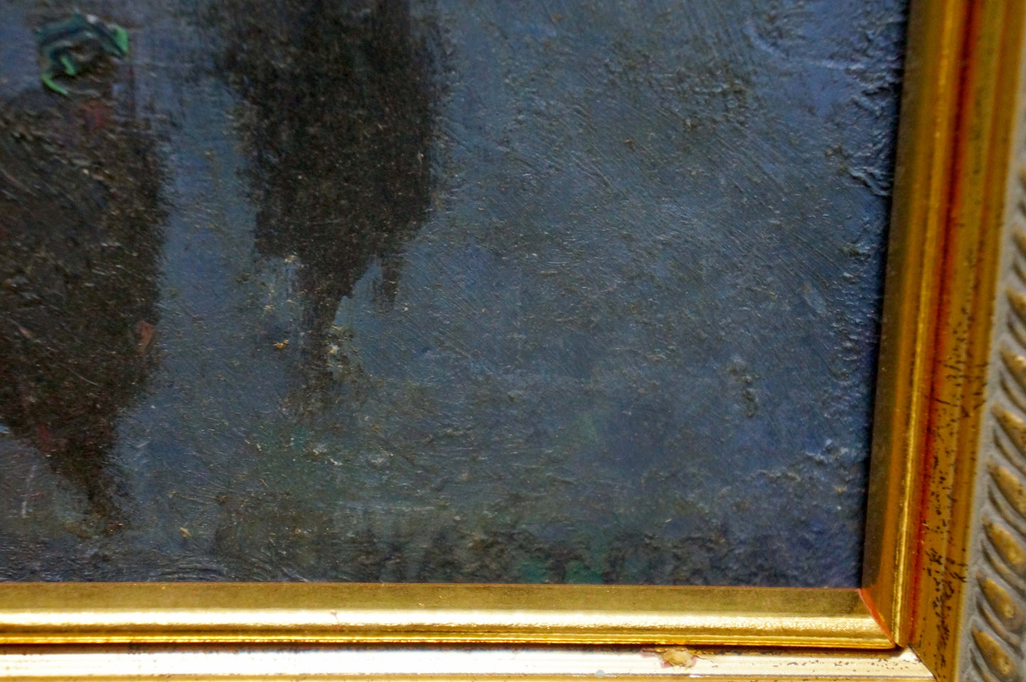 Textured dark blue oil painting by Filatova Tanya with city landscape figures
