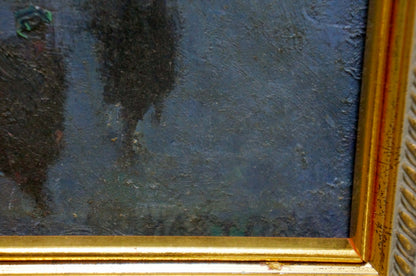 Textured dark blue oil painting by Filatova Tanya with city landscape figures