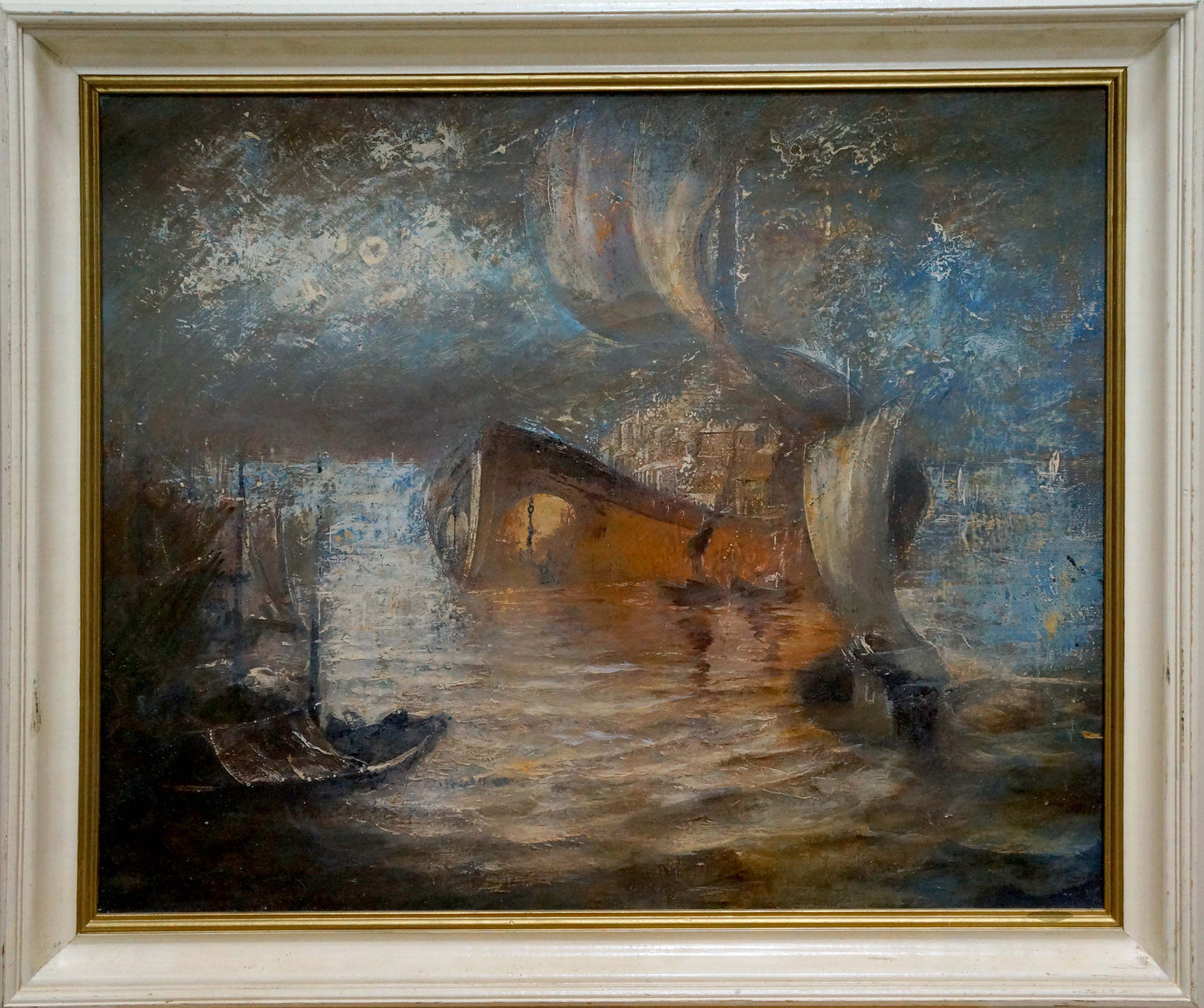 Framed impressionistic oil painting of moody canal by Vladimir Evgenyevich