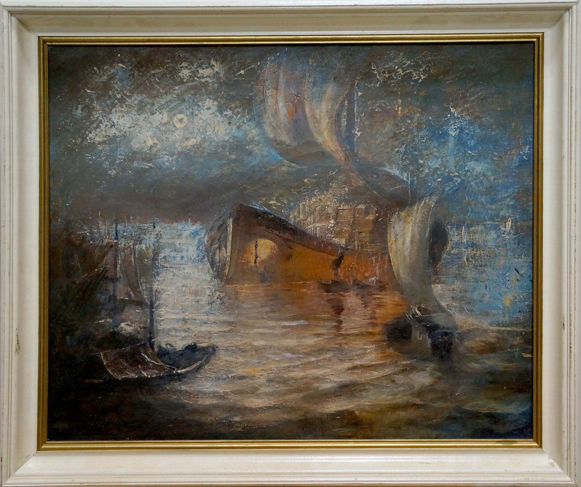 Framed impressionistic oil painting of moody canal by Vladimir Evgenyevich