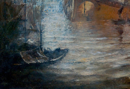 Abstract impressionist oil painting of zebek ship under arched bridge by Vladimir Evgenyevich