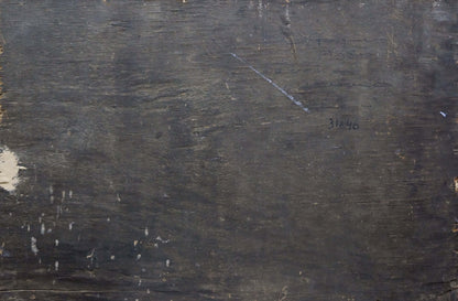 Oil painting portrait of female figure by Valentin Dmitrievich Khrushch on weathered wood with paint splatters