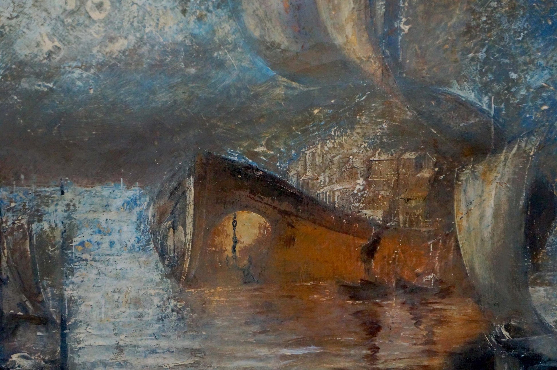Abstract oil painting of Zebek ship under bridge by Vladimir Evgenyevich