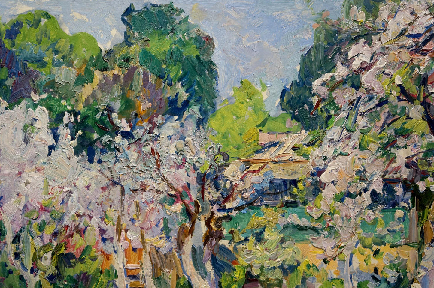 Vibrant impressionist oil painting by Isaak Iosifovich Tartakovsky of blossoming trees