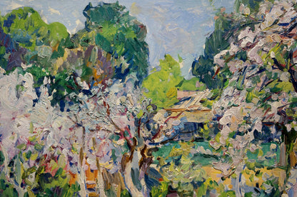 Vibrant impressionist oil painting by Isaak Iosifovich Tartakovsky of blossoming trees