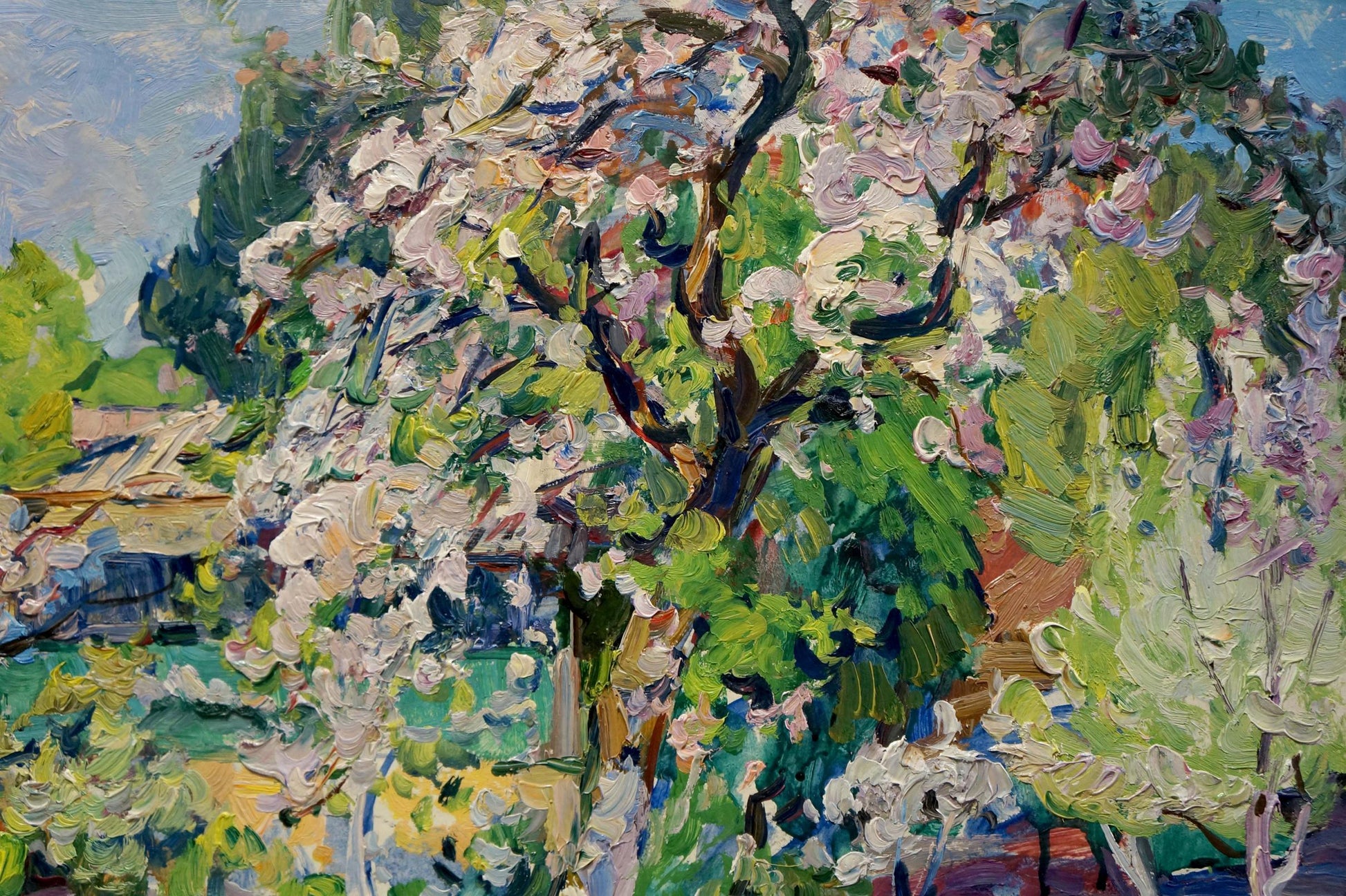 Vibrant impressionist oil painting of blossoming tree by Isaak Tartakovsky