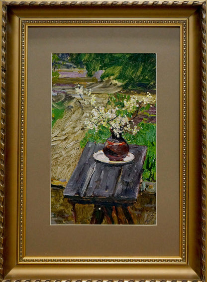 Oil painting by Stolyarenko Petr Kuzmich: dark brown glossy vase with white blossoms on rustic table