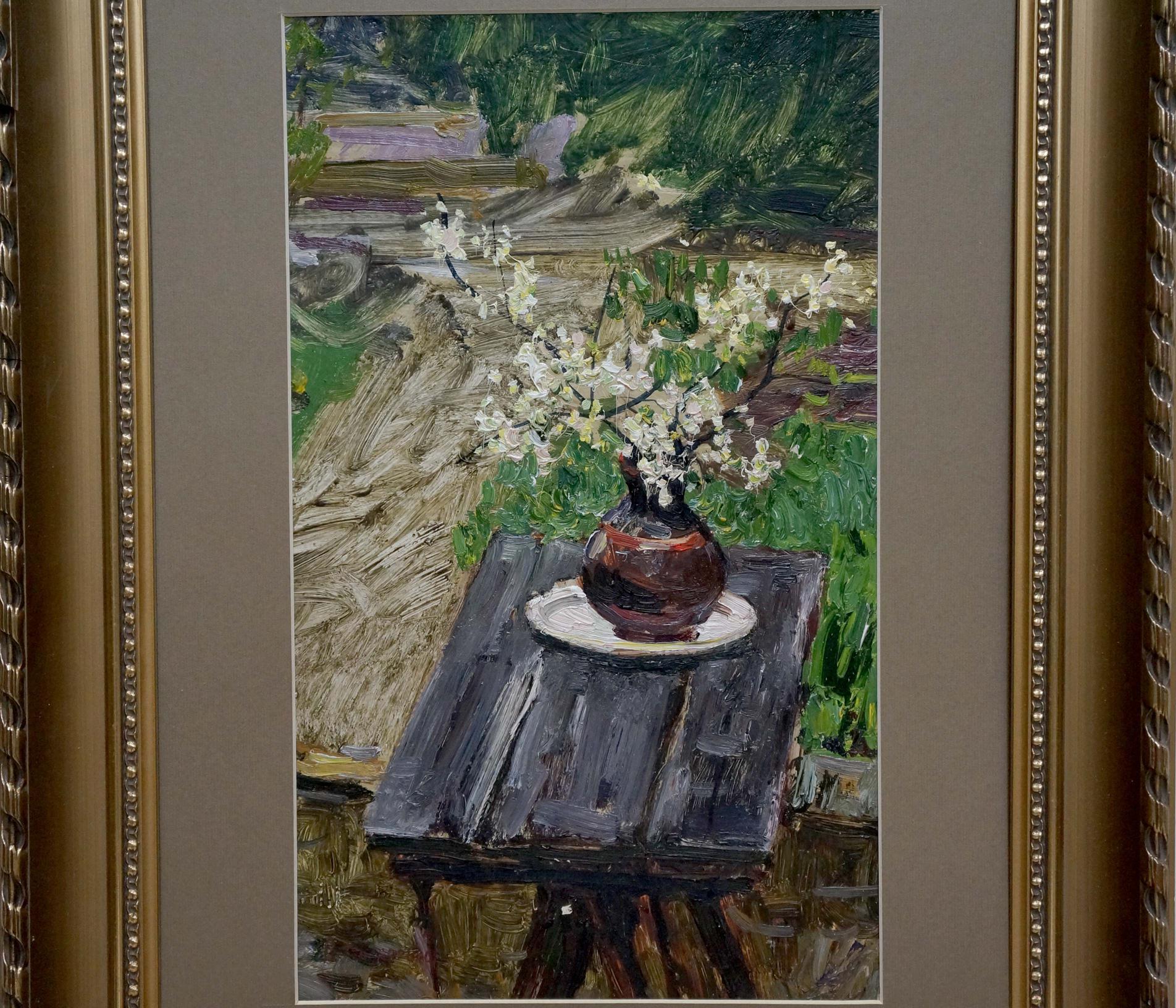 Oil painting by Stolyarenko Petr Kuzmich: dark brown glossy vase with white blossoms