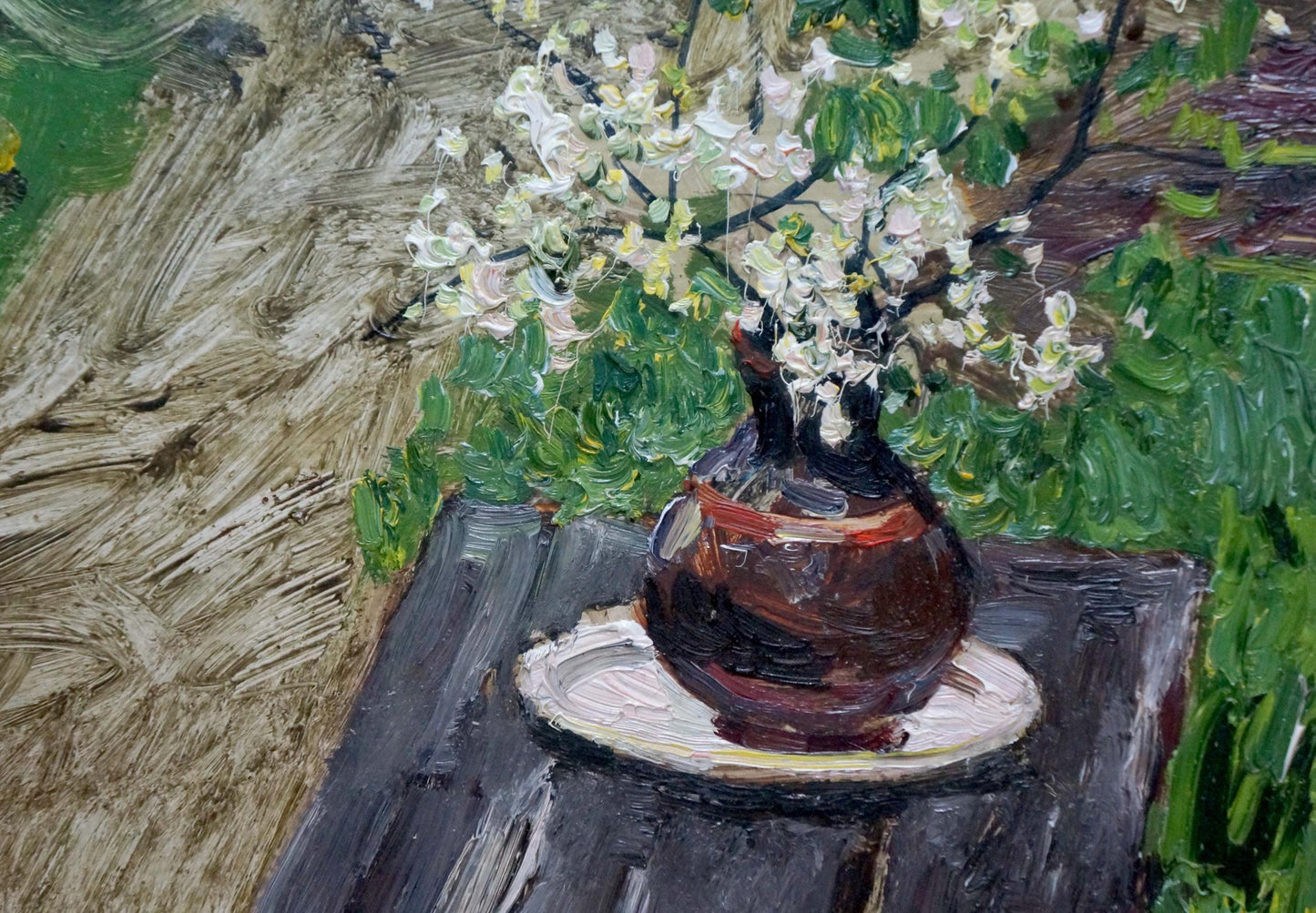 Oil painting by Stolyarenko Petr Kuzmich: dark brown vase with blossoms