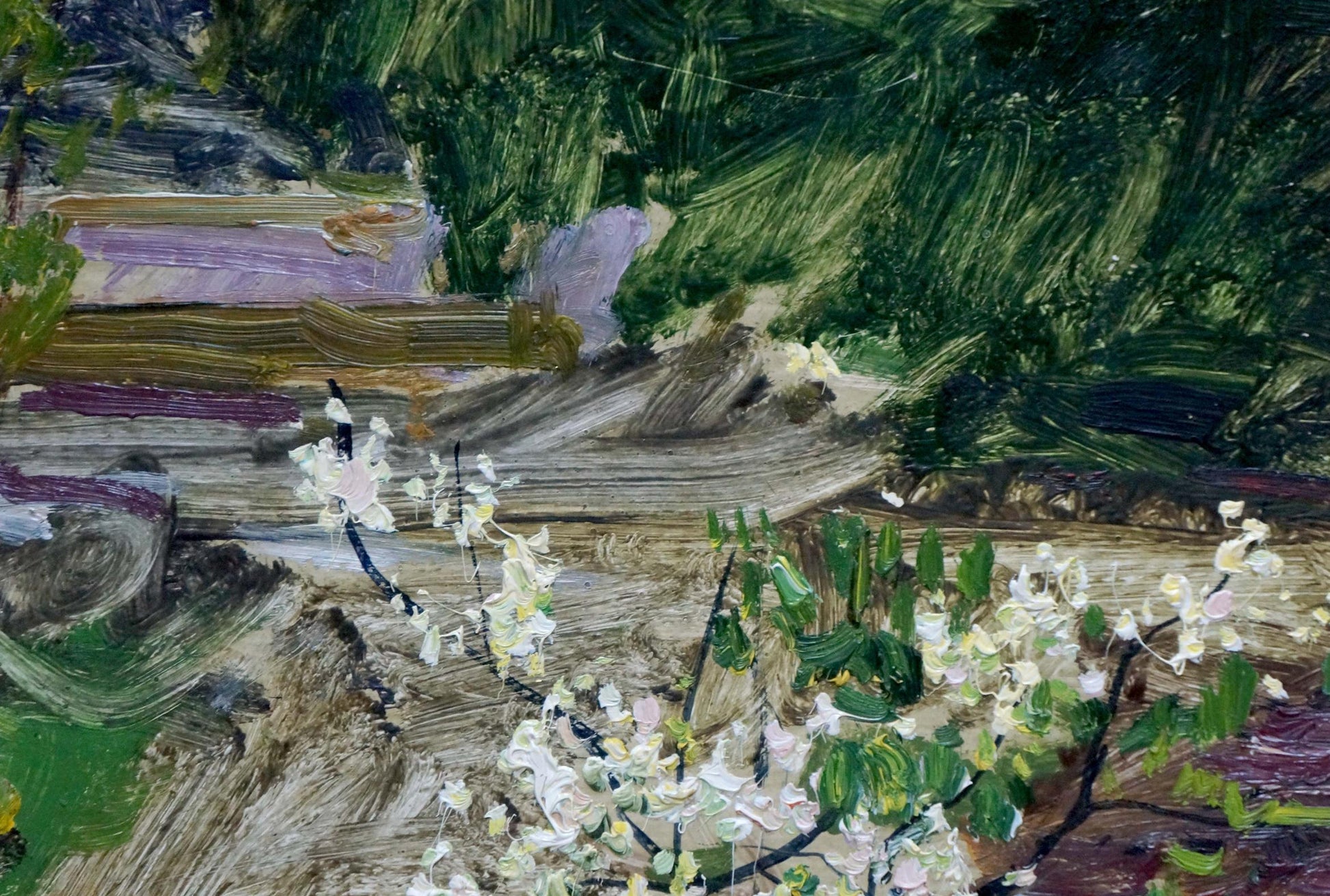 Textured oil painting by Stolyarenko Petr Kuzmich of landscape with white blossoms and green foliage