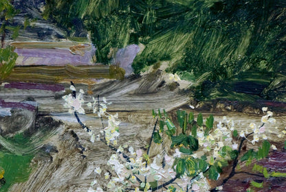 Textured oil painting by Stolyarenko Petr Kuzmich of landscape with white blossoms and green foliage
