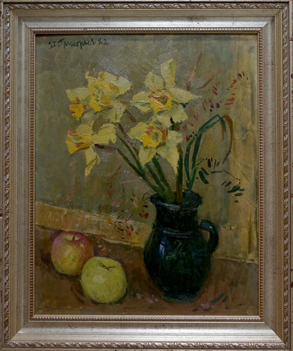 Oil painting by Grigoryev Sergey Alekseevich: dark green jug with yellow daffodils