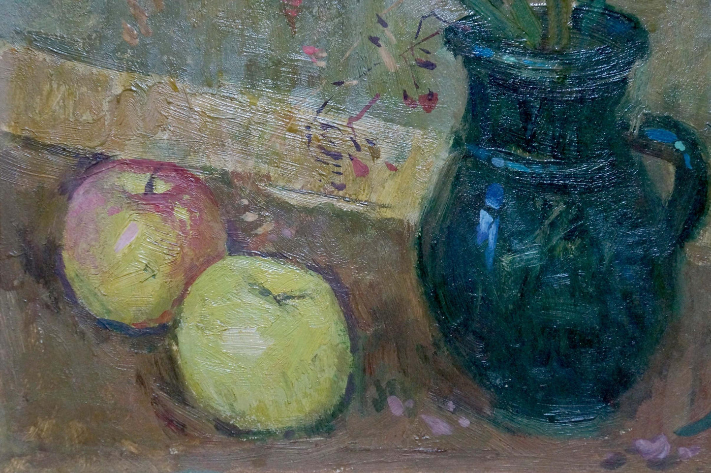 Oil painting of dark teal ceramic pitcher with green stems by Grigoryev Sergey Alekseevich