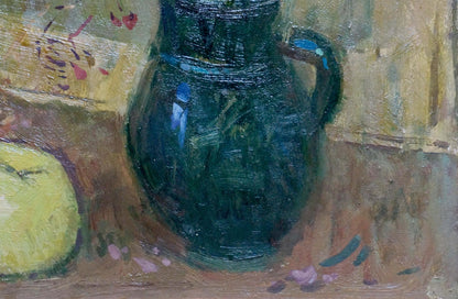 Dark teal ceramic pitcher with handle in Grigoryev Sergey Alekseevich oil painting