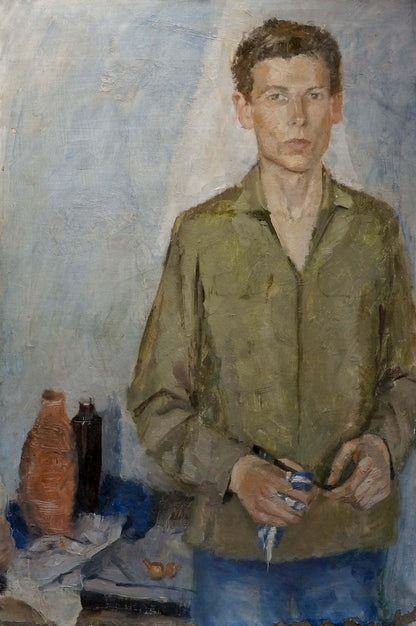Oil painting portrait of man in textured olive-green painterly shirt by Klimovitskaya Sophia