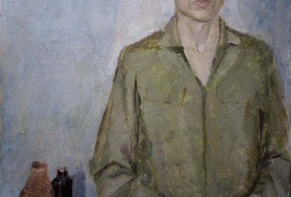 Impressionistic oil painting of man in olive-green collared shirt by Klimovitskaya Sophia