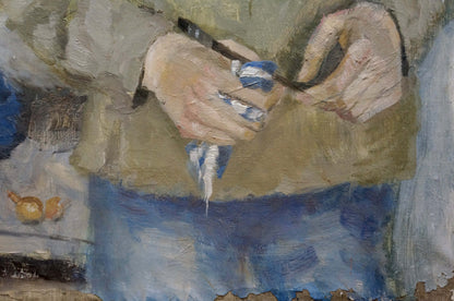 Painter’s hand holding black brush dripping blue white paint by Klimovitskaya Sophia