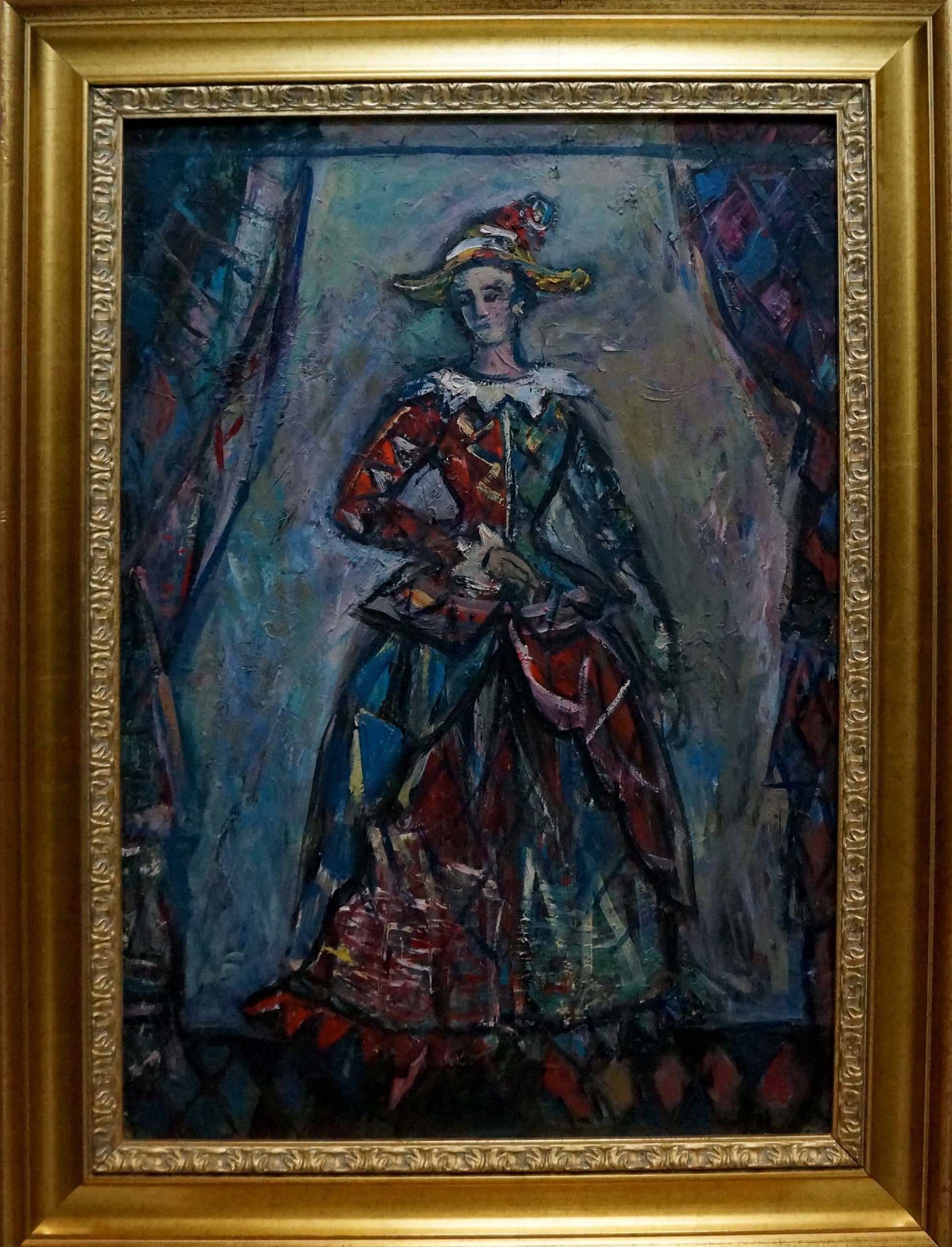 Oil painting Before the Performance by Lushin Alexander Fedorovich, vibrant jester in gilded frame