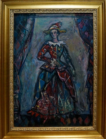 Oil painting Before the Performance by Lushin Alexander Fedorovich, vibrant jester in gilded frame