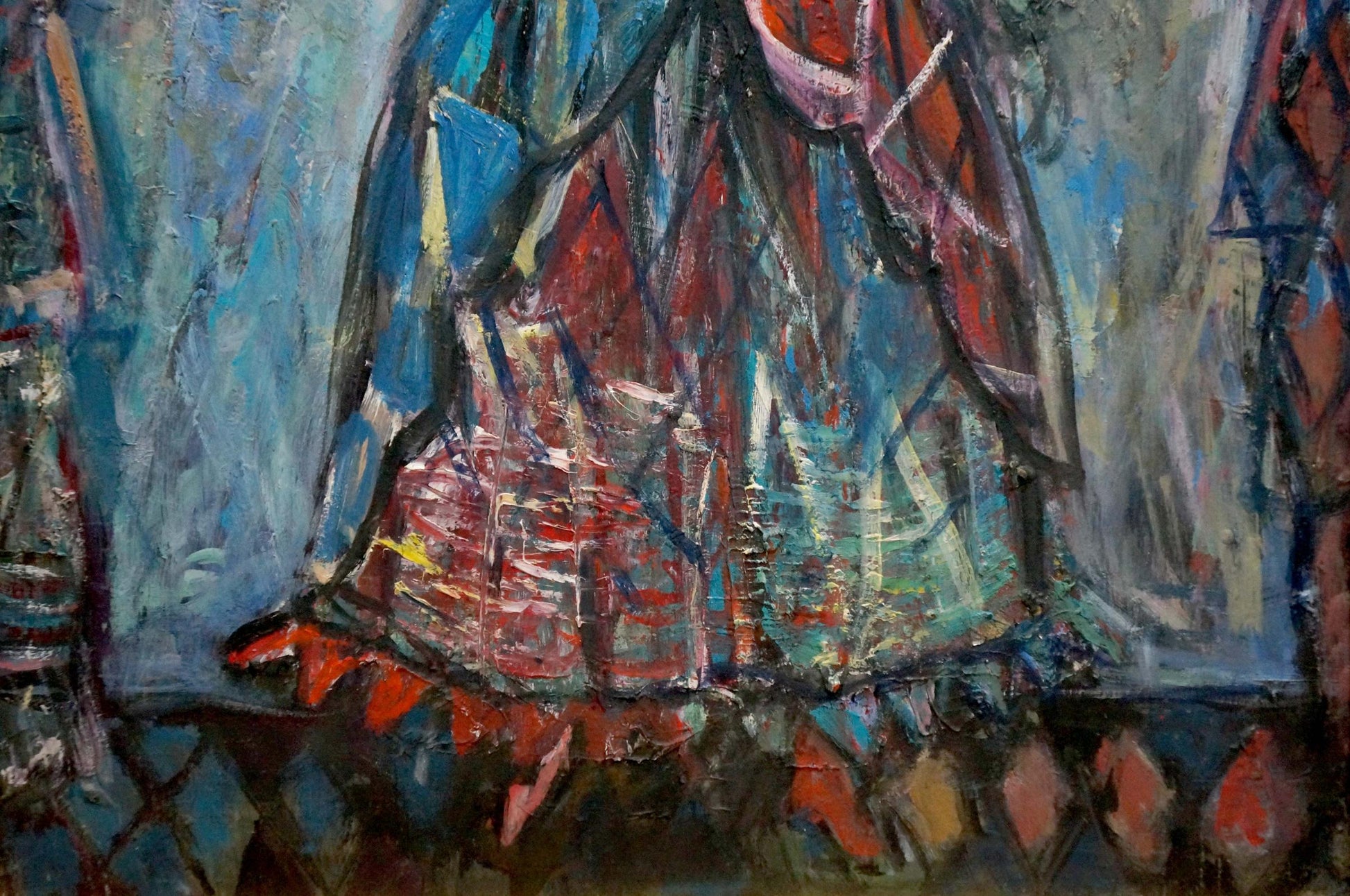 Oil painting Before the Performance by Lushin Alexander Fedorovich, vibrant abstract red blue teal strokes