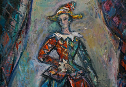 Oil painting Before the Performance by Lushin Alexander Fedorovich, vibrant jester