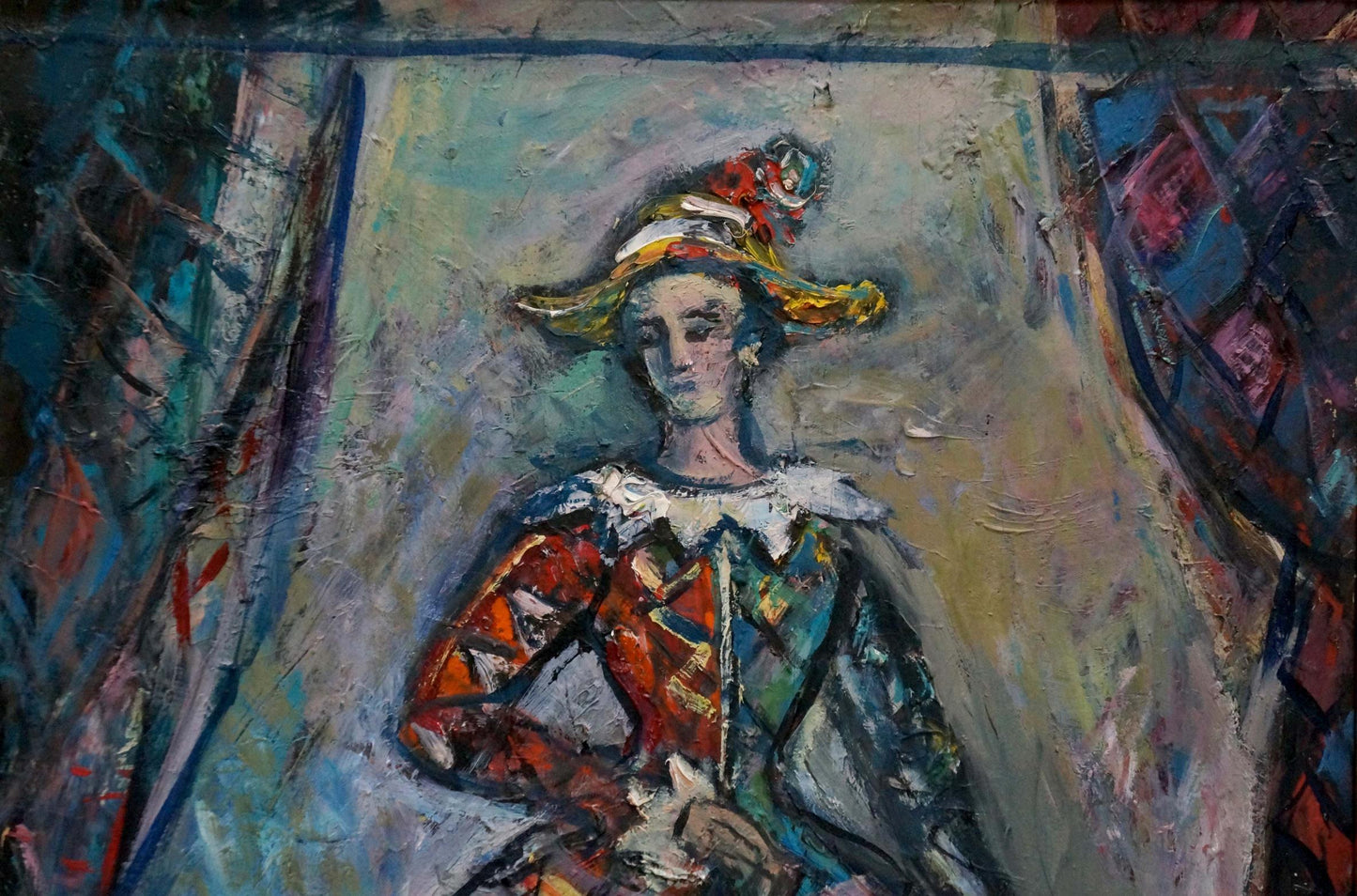 Oil painting Before the Performance by Lushin Alexander Fedorovich, vibrant jester