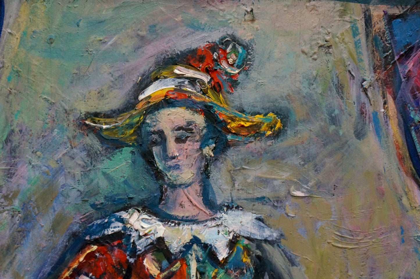 Oil painting Before the Performance by Lushin Alexander Fedorovich with woman in ornate floral hat
