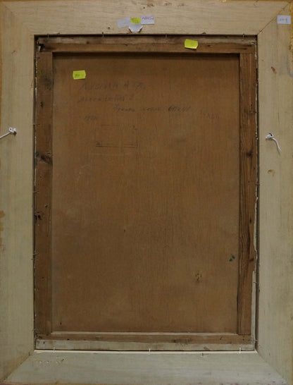 Back of Oil painting Before the Performance by Lushin Alexander Fedorovich with brown stretcher frame and handwritten inscriptions