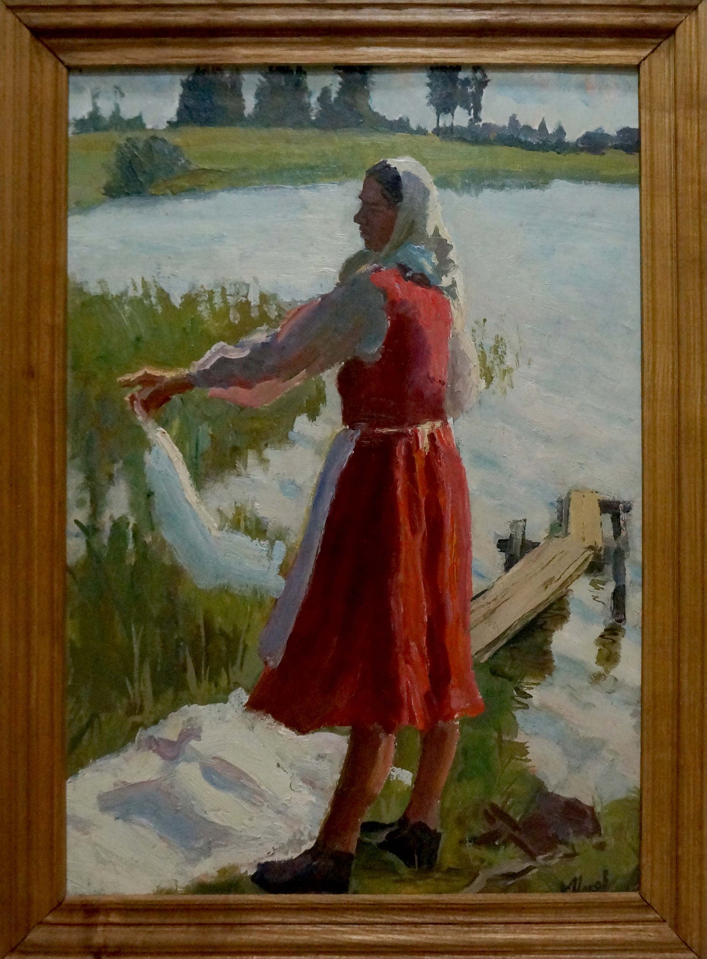 Oil painting Washing Chakov: woman in red dress by water holding swan