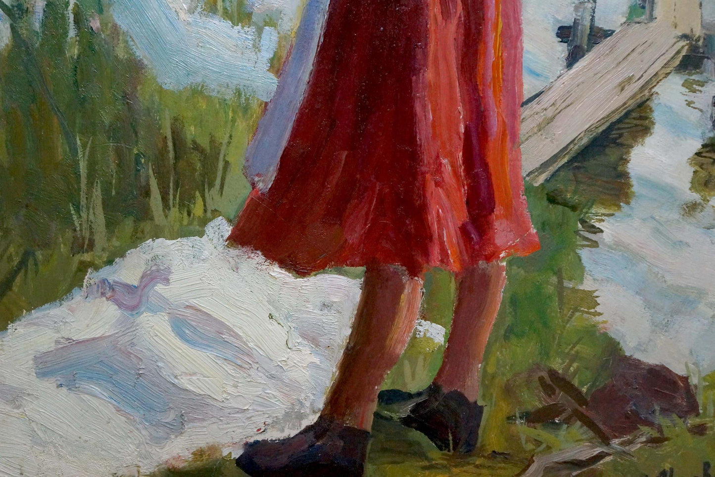 Oil painting Washing Chakov: vibrant red skirt with flared hem texture
