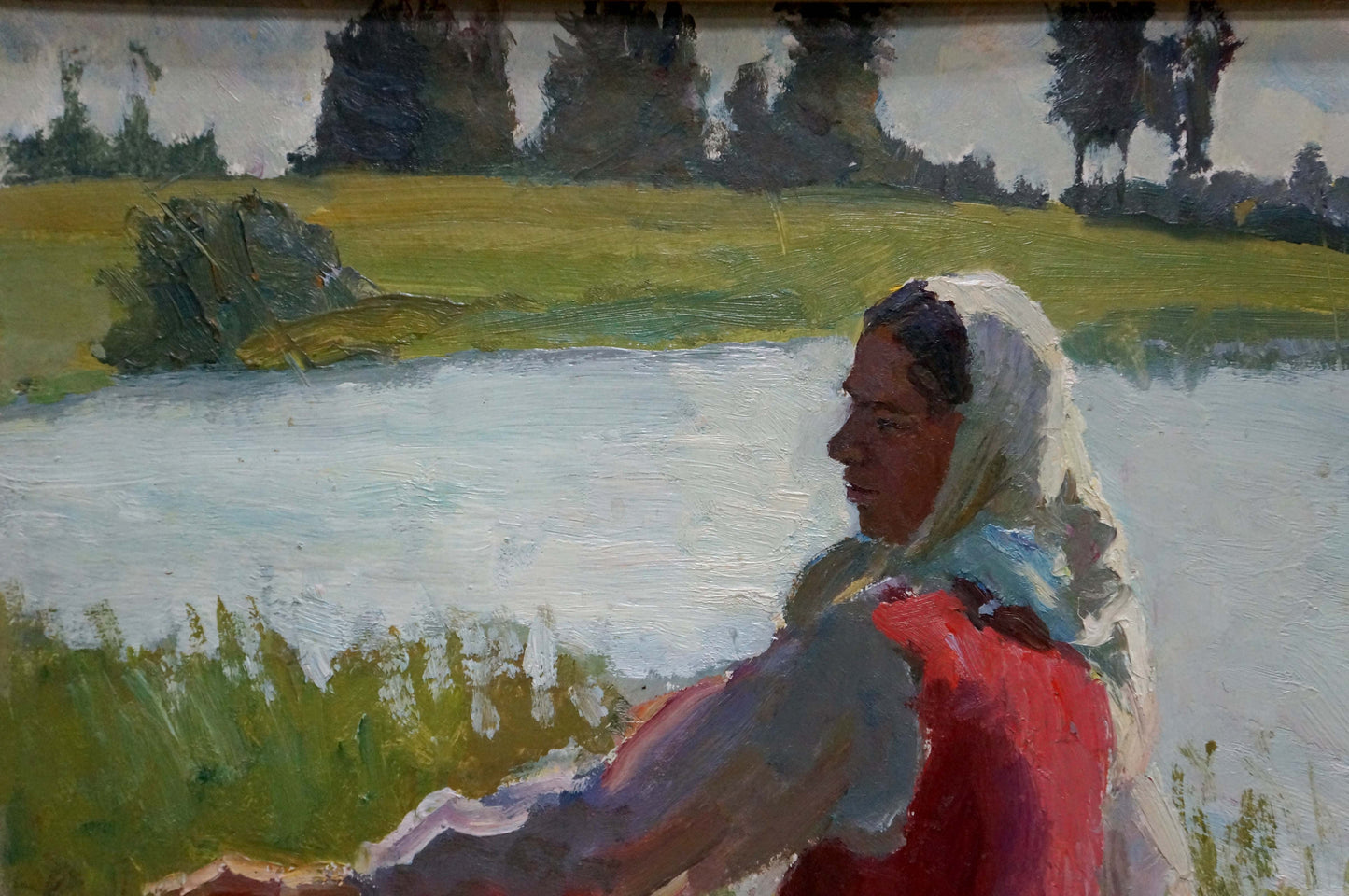 Oil painting Washing Chakov: woman in white headscarf by serene lake