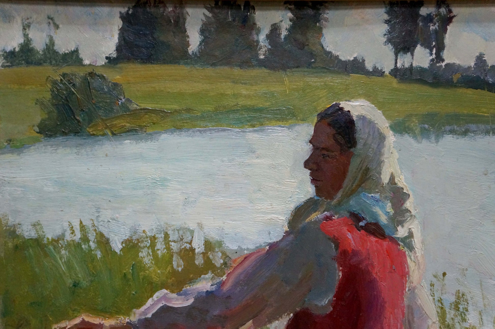 Oil painting Washing Chakov: woman in white headscarf by serene lake