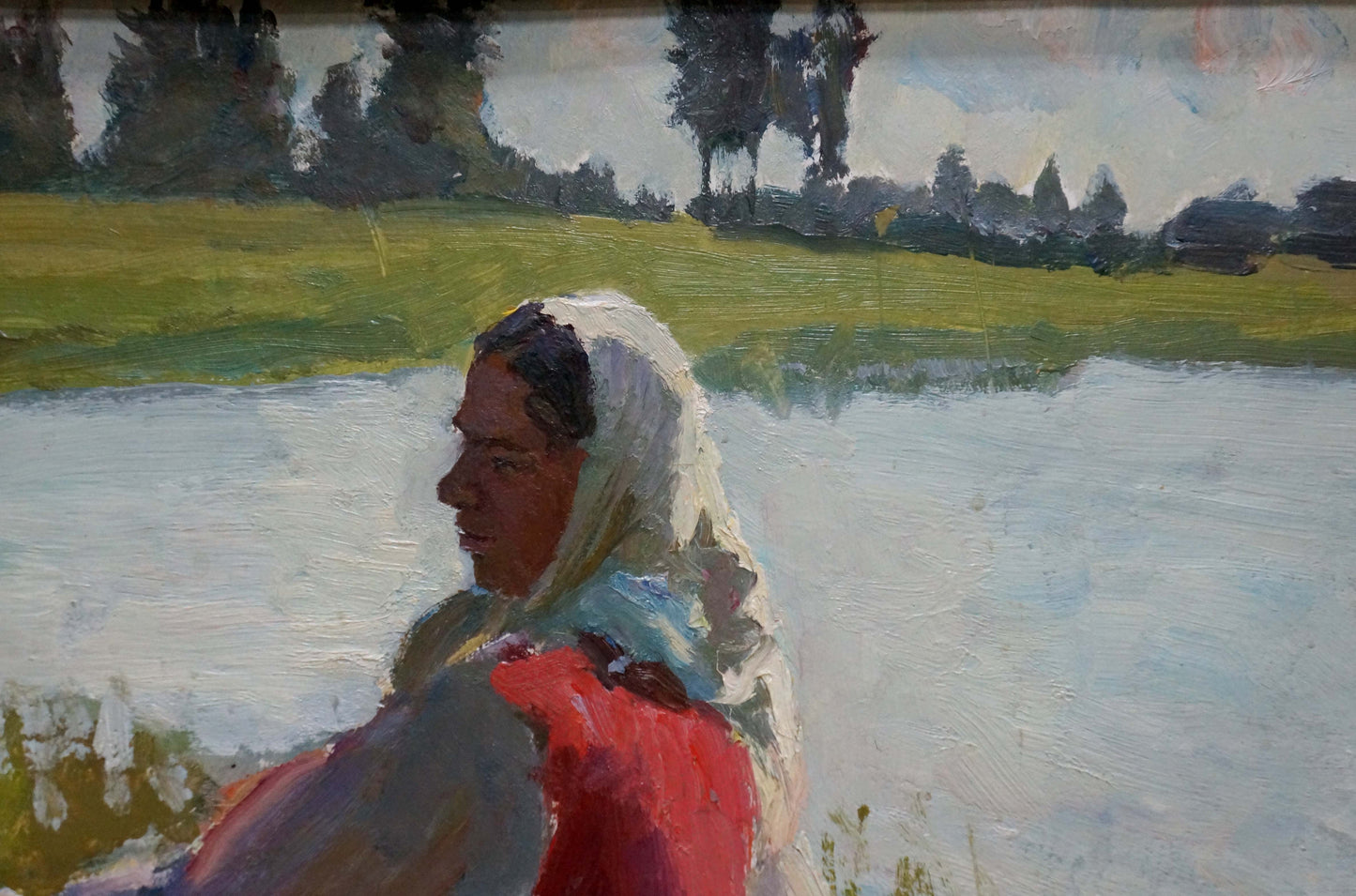 Oil painting Washing Chakov: woman in white headscarf by water