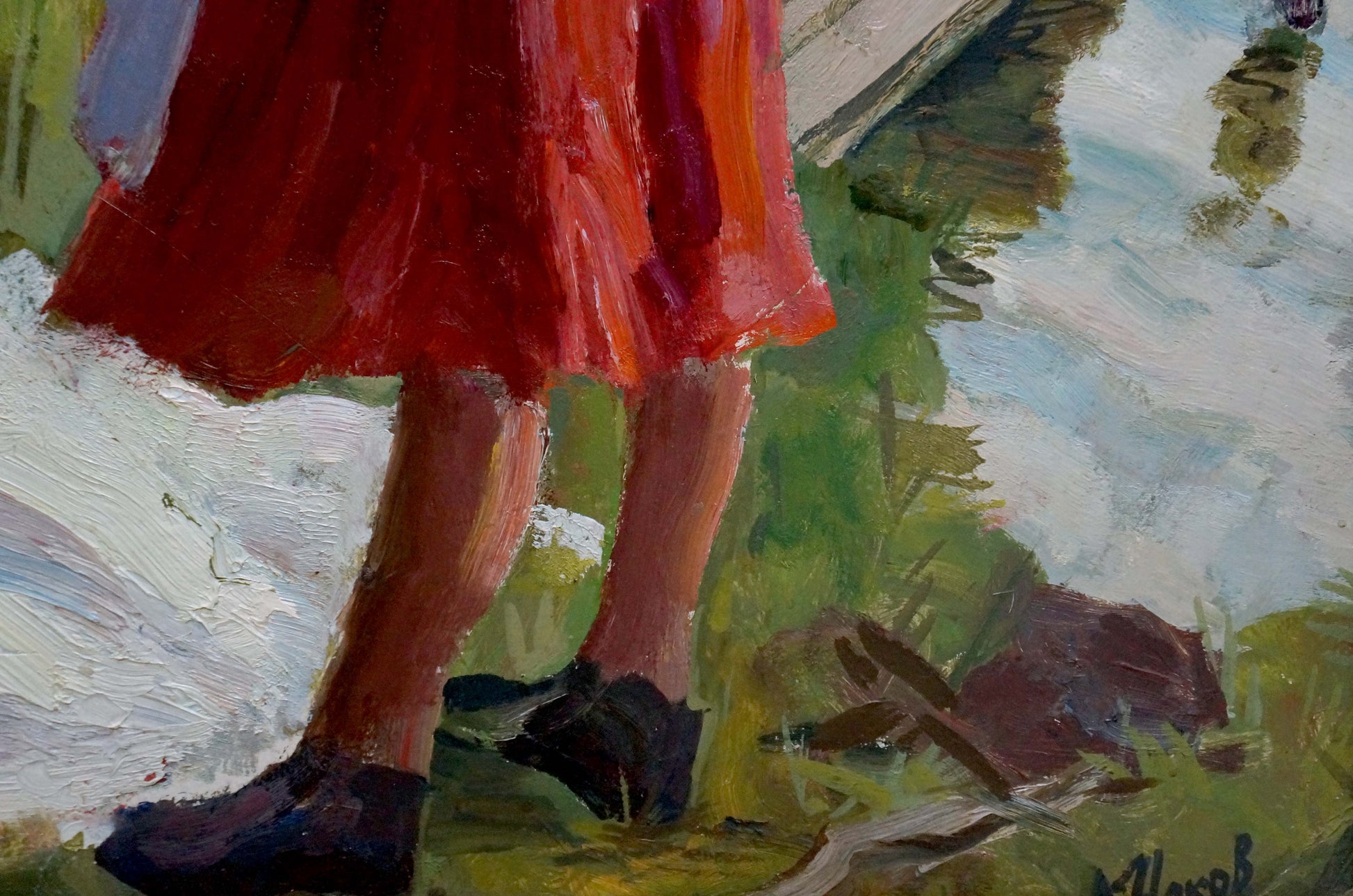 Oil painting Washing Chakov: vibrant red skirt flowing over legs outdoors