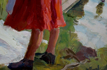 Oil painting Washing Chakov: vibrant red skirt flowing over legs outdoors