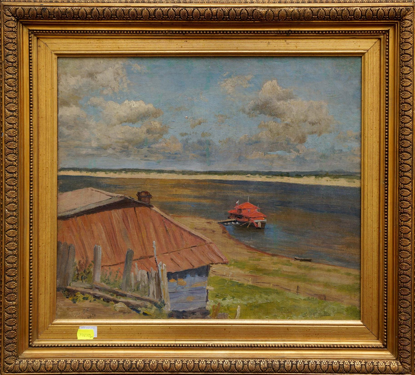 Antique gold-framed oil painting of rustic red-roofed shed by shore by Mynka Alexander Fedorovich