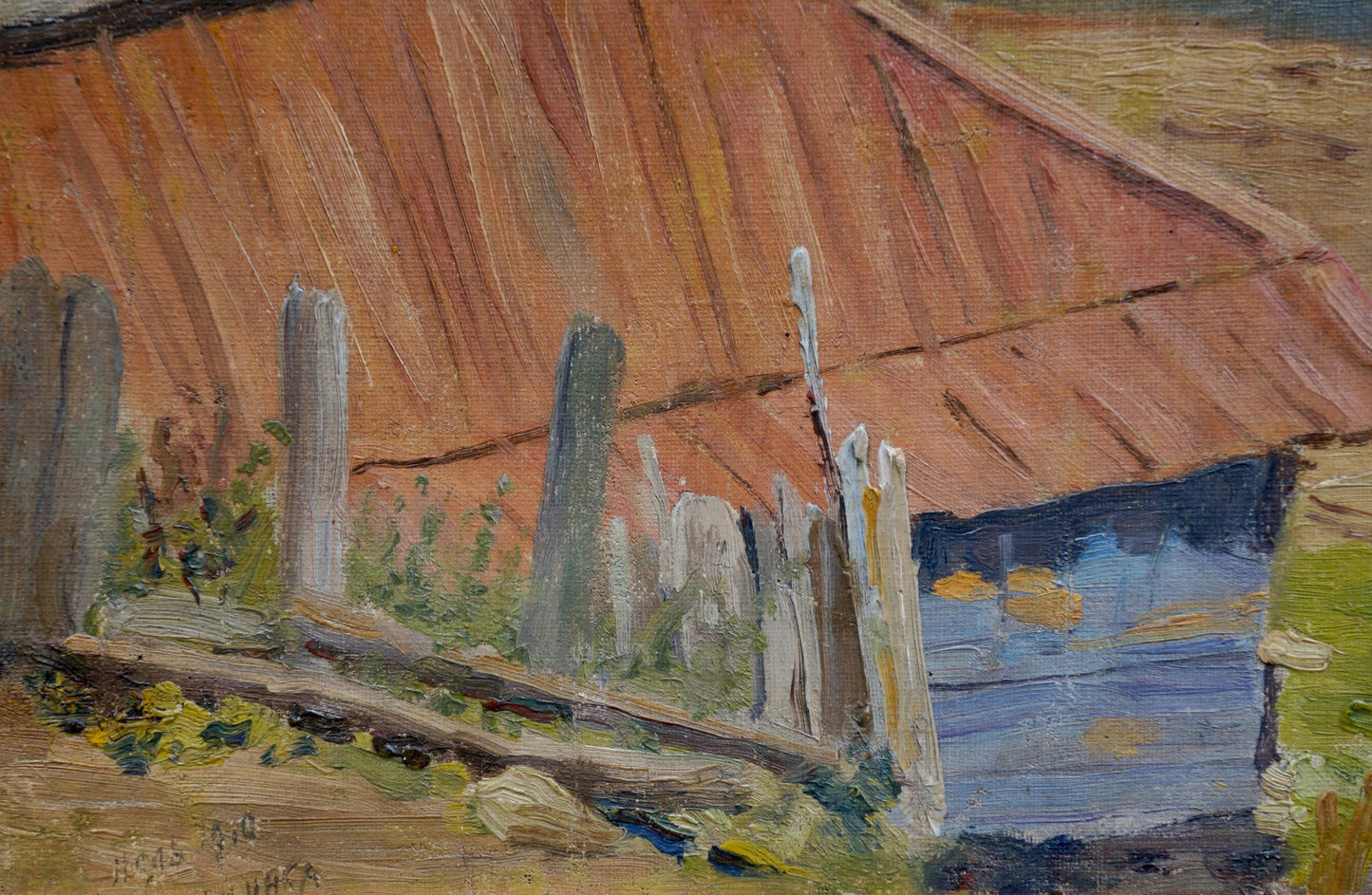 Oil painting of rustic fence before thatched house by the shore by Mynka Alexander Fedorovich