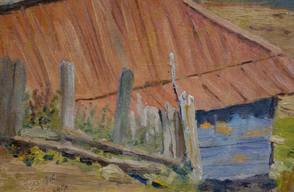 Oil painting of rustic fence before thatched house by the shore by Mynka Alexander Fedorovich