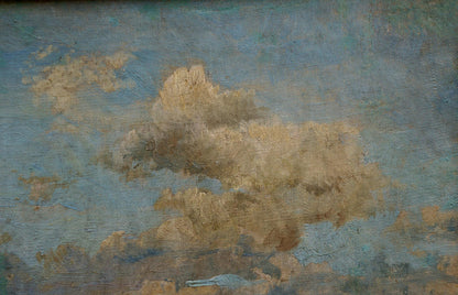 Textured oil painting of house by the shore by Mynka Alexander Fedorovich with clouds