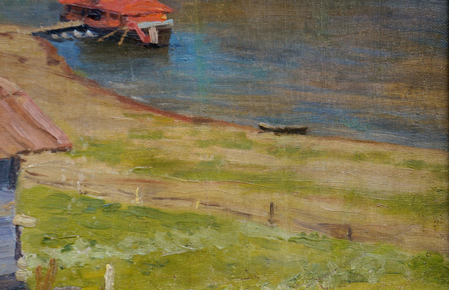 Oil painting of red boat by grassy shore house by Mynka Alexander Fedorovich