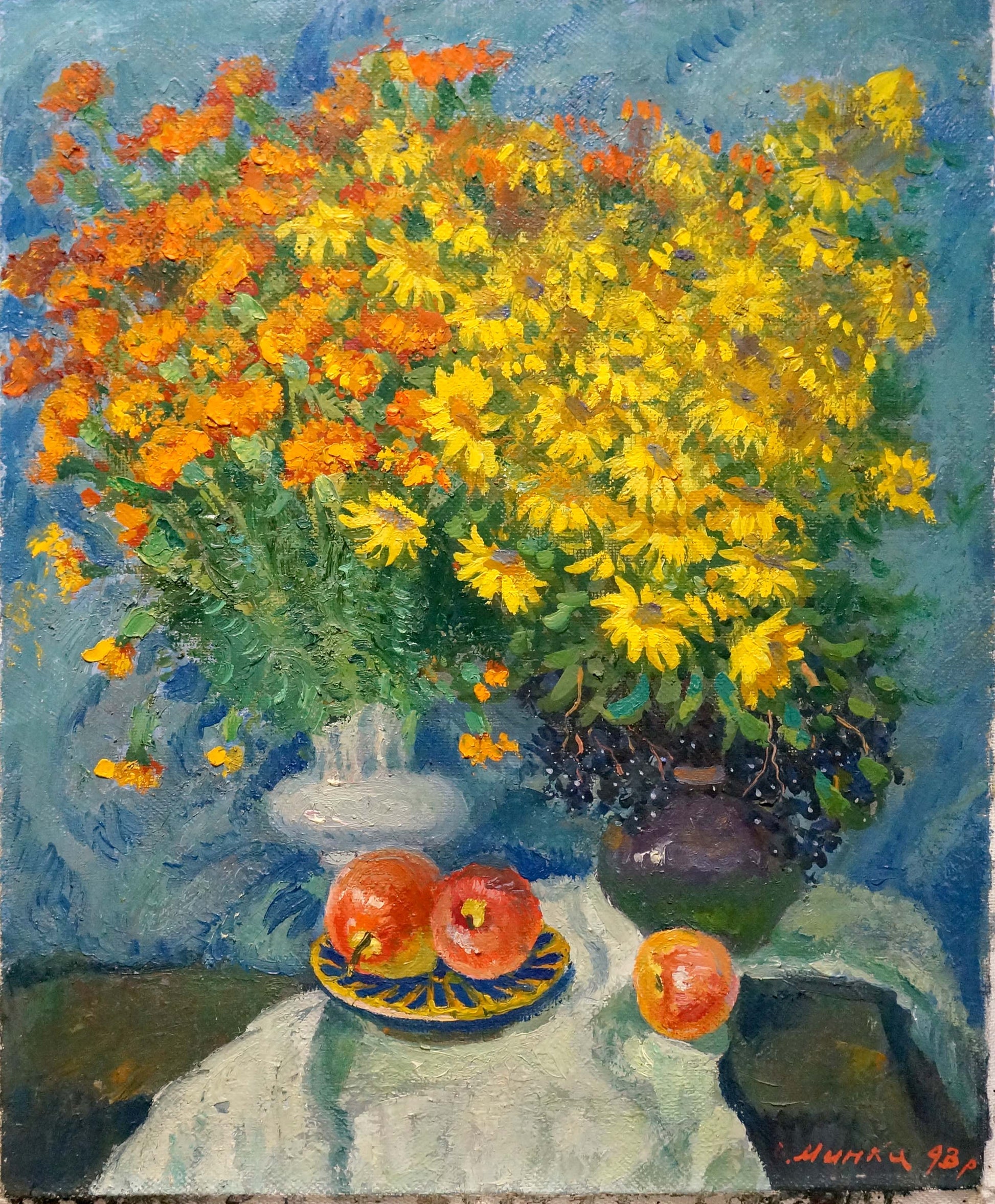 Oil painting Minka Alexander Fedorovich: textured impressionist yellow orange flowers vase