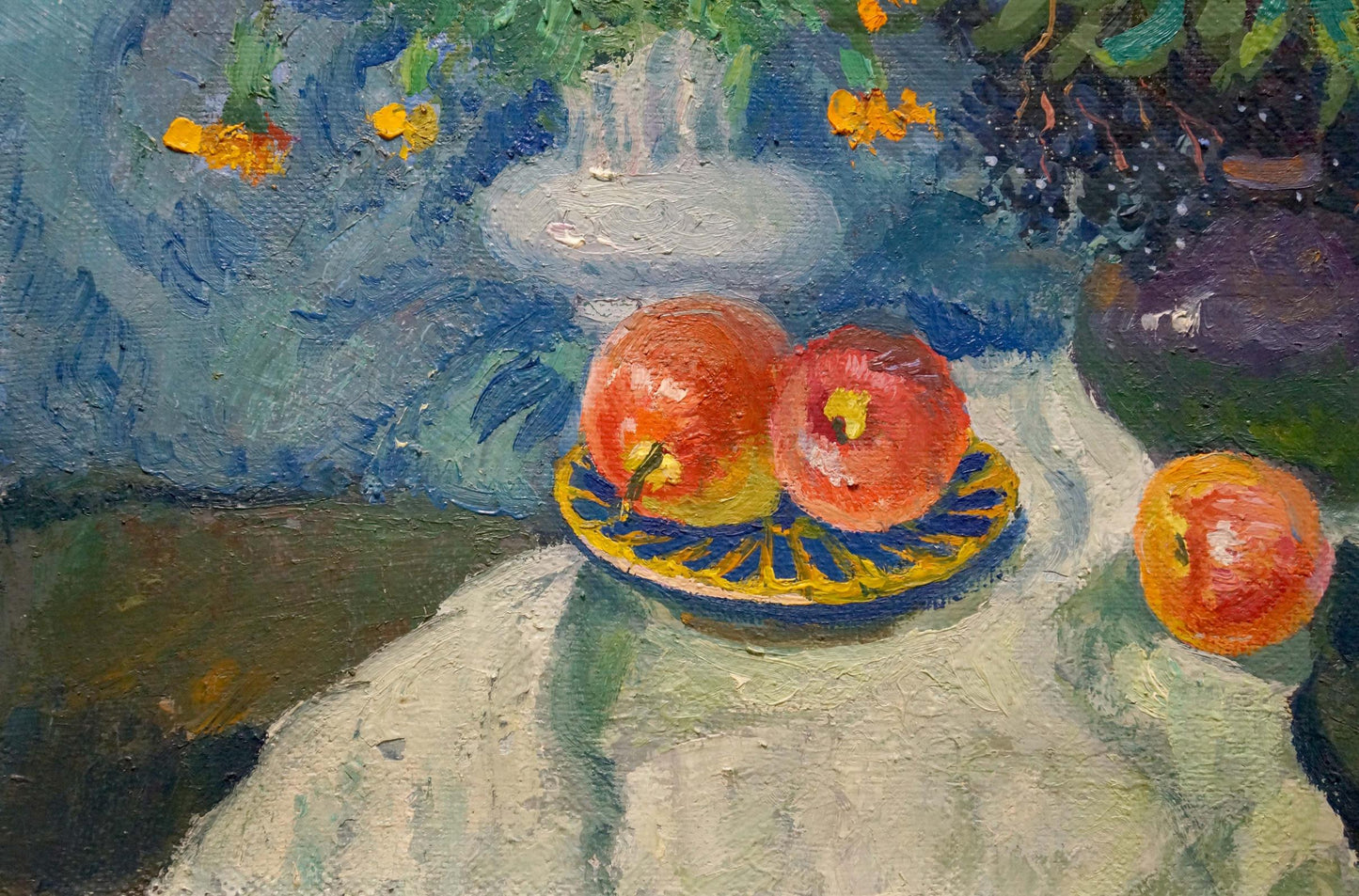 Oil painting by Minka Alexander Fedorovich: vibrant red apples on yellow blue plate