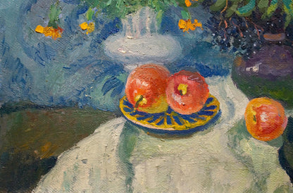 Oil painting by Minka Alexander Fedorovich: vibrant red apples on yellow blue plate