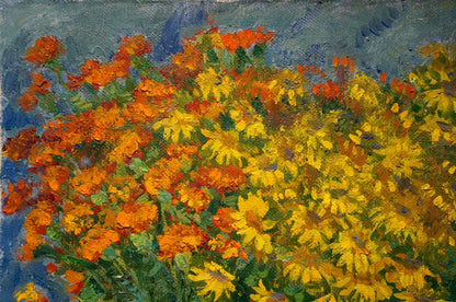Vibrant oil painting by Minka Alexander Fedorovich of yellow orange flowers on blue-gray background